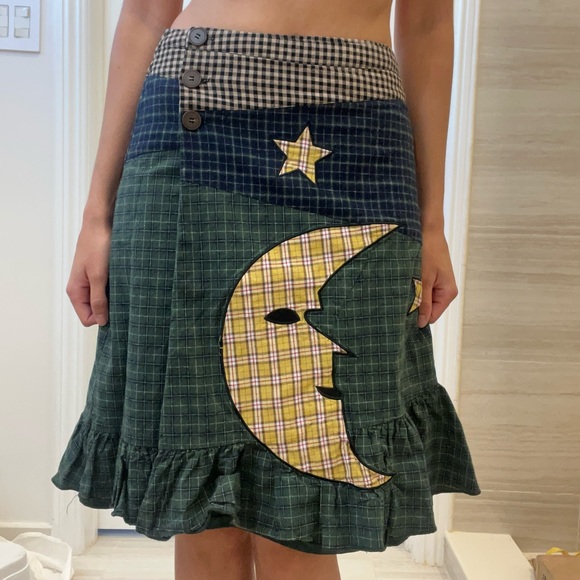tunnel vision Dresses & Skirts - Tunnel Vision Plaid Patchwork Skirt with Moon and Star Design